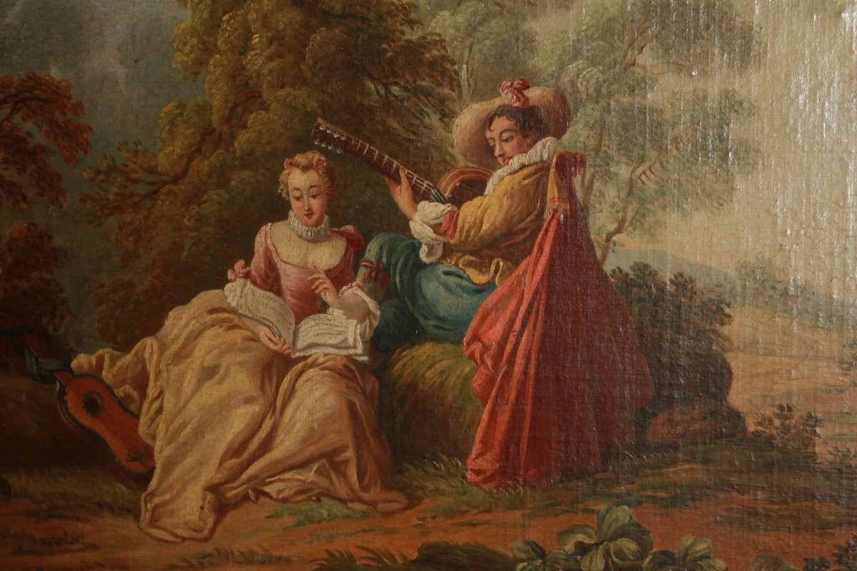 Miroir de cheminée ancien français style Louis XV avec panneau peint, XIXe siècle-photo-3