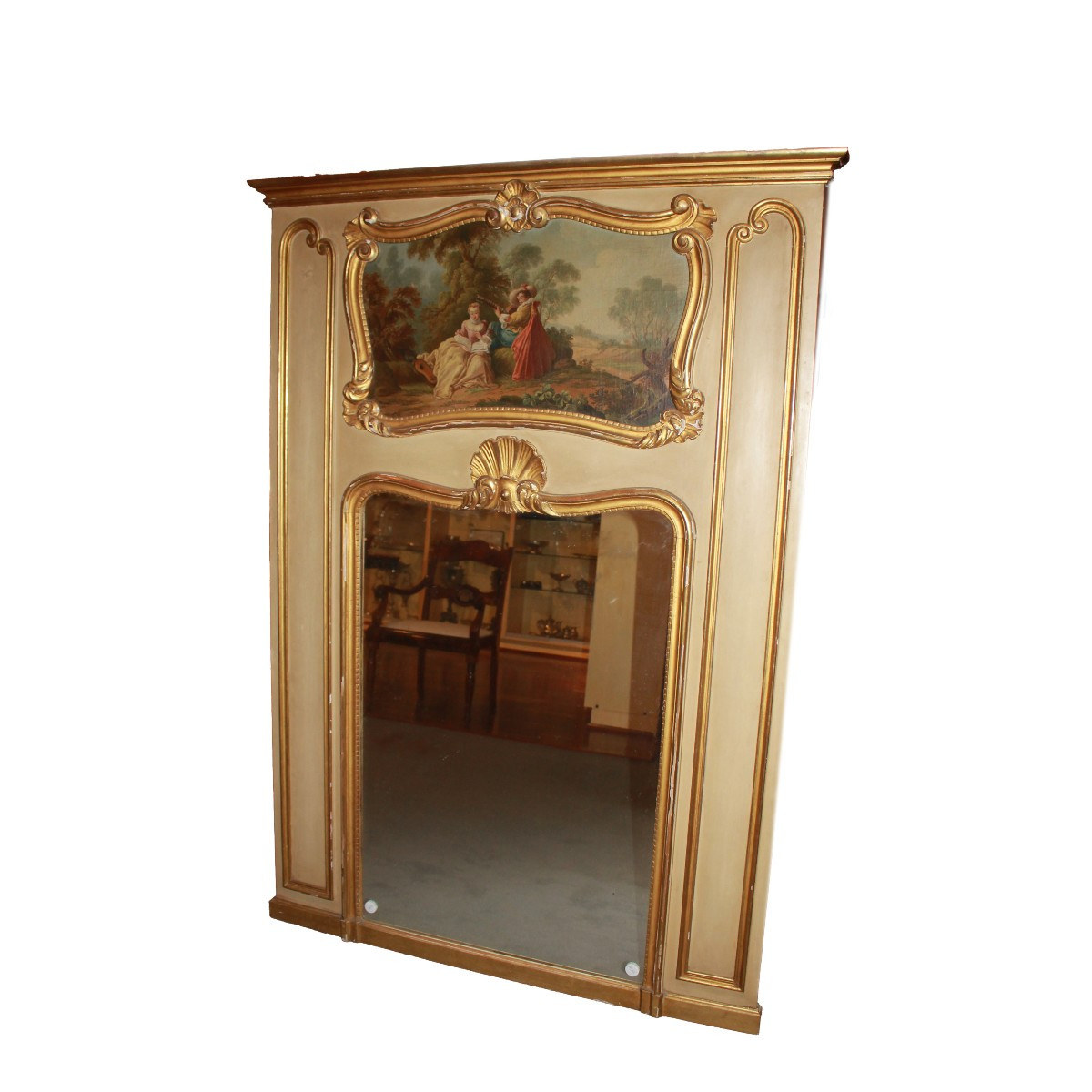 Miroir de cheminée ancien français style Louis XV avec panneau peint, XIXe siècle