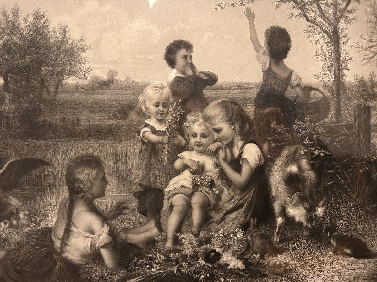 German Romantic Realist Print In Gilt Frame, 19th Century-photo-3