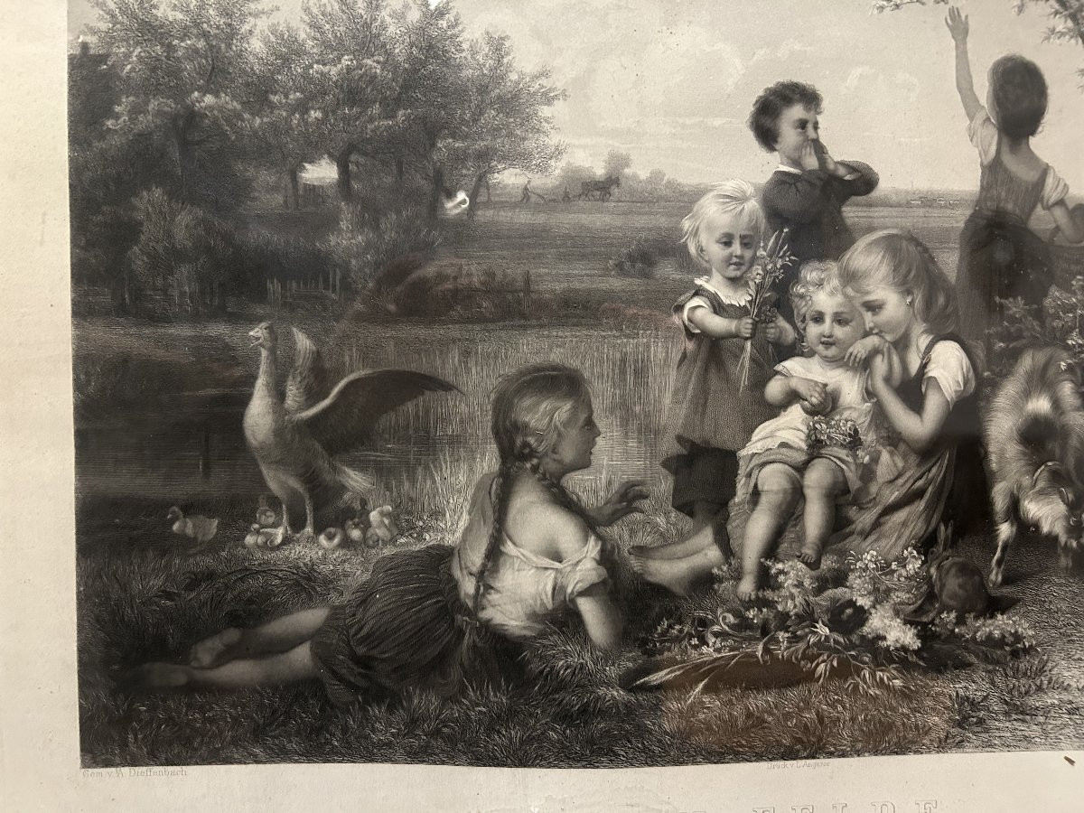 German Romantic Realist Print In Gilt Frame, 19th Century-photo-4