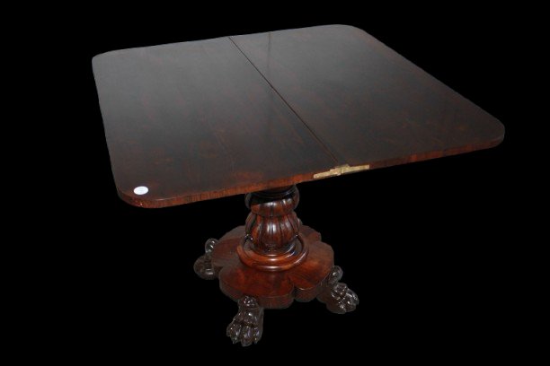 Table de jeu anglaise style Regency en palissandre avec base tripode, XIXe siècle-photo-3