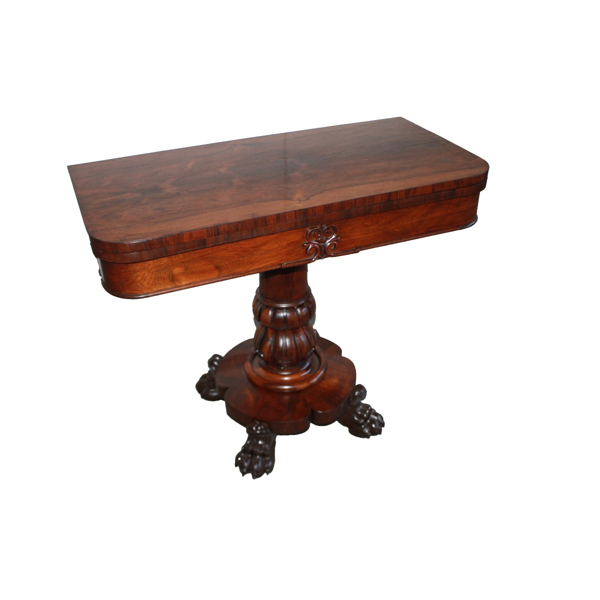 Table de jeu anglaise style Regency en palissandre avec base tripode, XIXe siècle