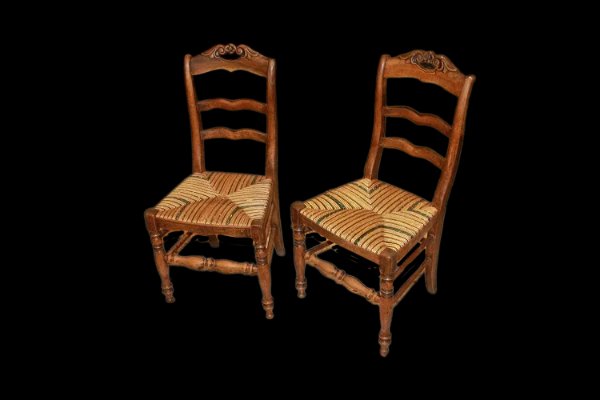 Groupe de 4 chaises campagnardes avec assise en paille de rivière fin du XIXe siècle-photo-2