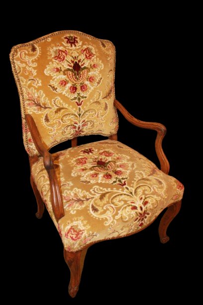 Paire de fauteuils bergères français en noyer avec tissu damassé – Milieu du XIXᵉ siècle-photo-2