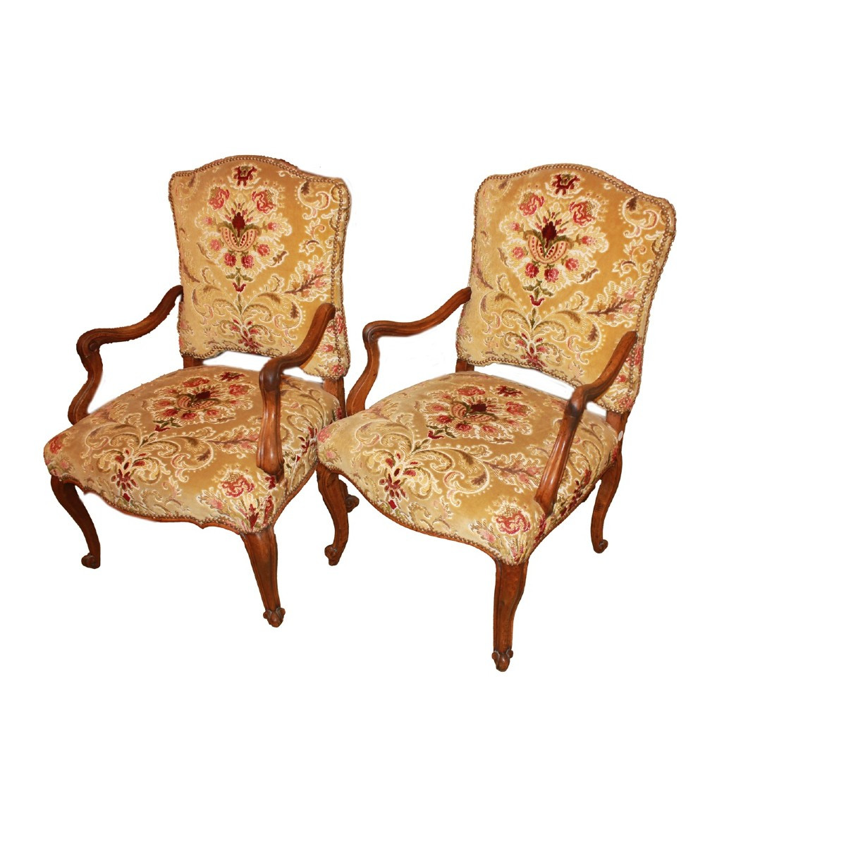 Paire de fauteuils bergères français en noyer avec tissu damassé – Milieu du XIXᵉ siècle