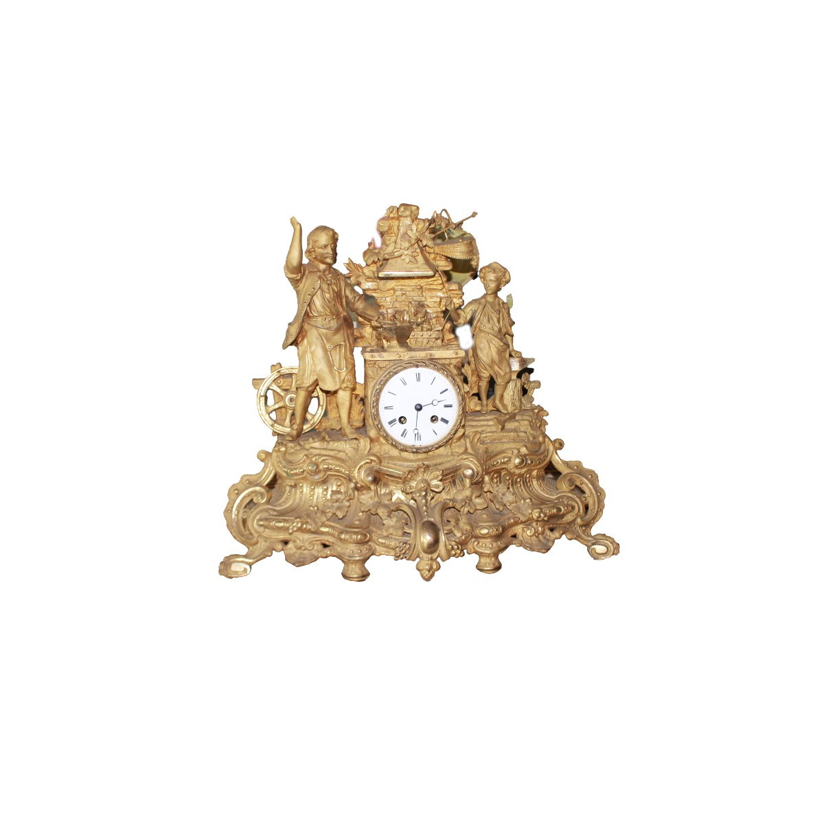 Pendule ancienne française style Louis XV en bronze doré avec scène de forgerons, XIXe siècle