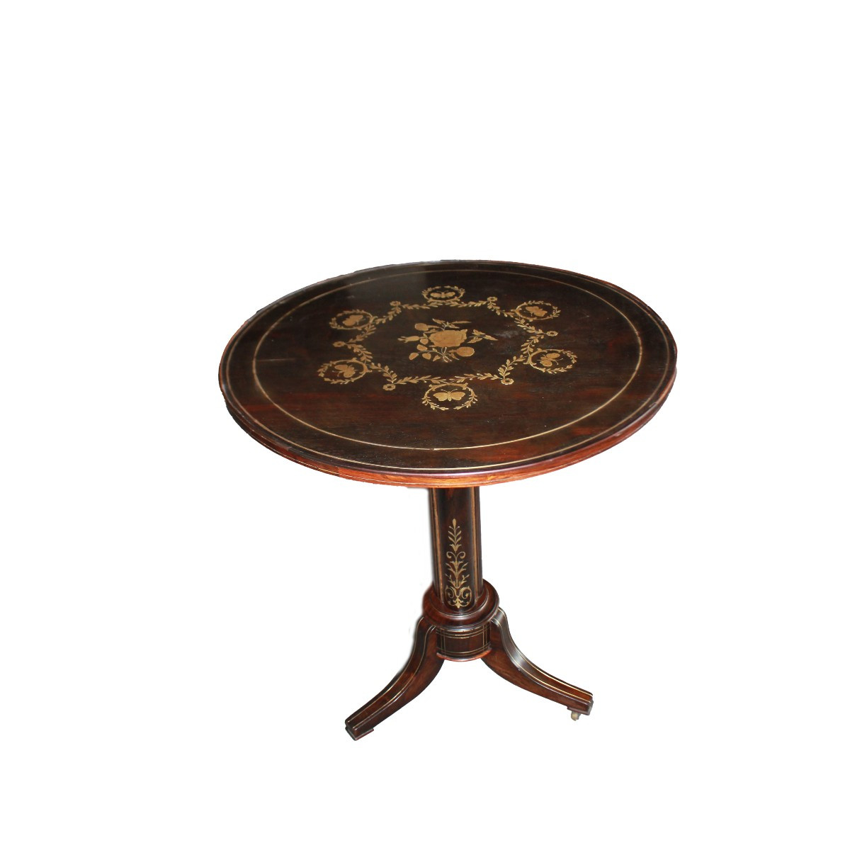 Table circulaire française style Charles X en palissandre avec marqueterie de laiton, 