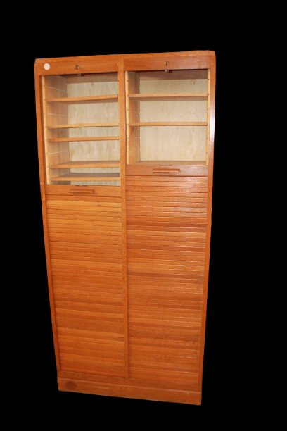 Meuble de bureau ancien français en chêne avec portes à rideau, début XXe siècle-photo-4