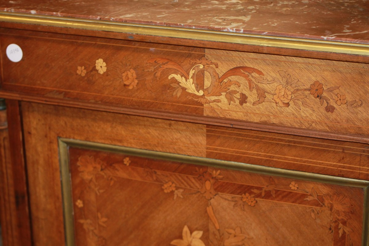 Petit buffet ancien français style Louis XVI en bois de rose avec marbre rouge, XIXe siècle-photo-2