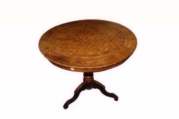 Table circulaire antique Sorrento diamètre 80 cm en noyer marquetterie