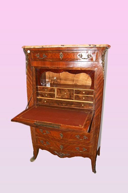 Large Louis XV-style Secretaire With A Marble Top And Inlay-photo-4