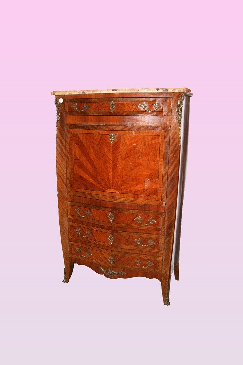 Large Louis XV-style Secretaire With A Marble Top And Inlay