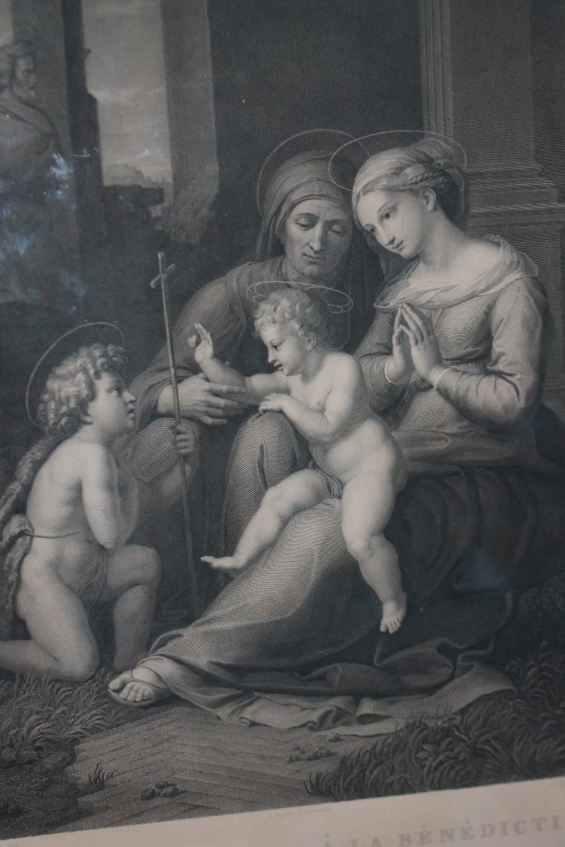 Gravure ancienne française néoclassique représentant la Sainte Famille avec cadre doré, XIXe -photo-2