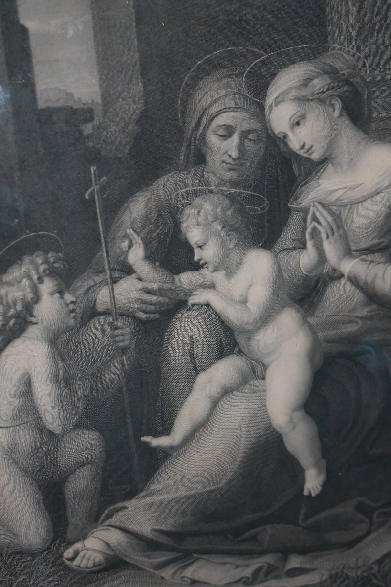 Gravure ancienne française néoclassique représentant la Sainte Famille avec cadre doré, XIXe -photo-3