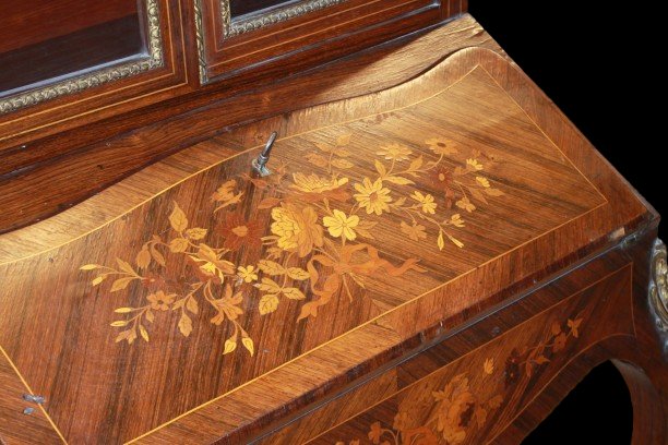 Cabinet ancien français style Louis XV en bois de rose avec marqueterie florale et bronzes doré-photo-4