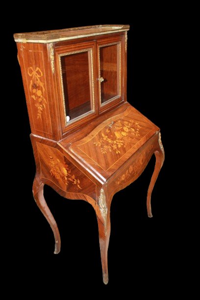 Cabinet ancien français style Louis XV en bois de rose avec marqueterie florale et bronzes doré-photo-3