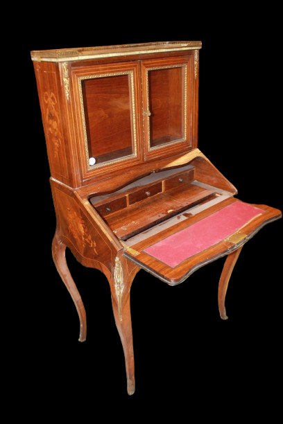 Cabinet ancien français style Louis XV en bois de rose avec marqueterie florale et bronzes doré-photo-6