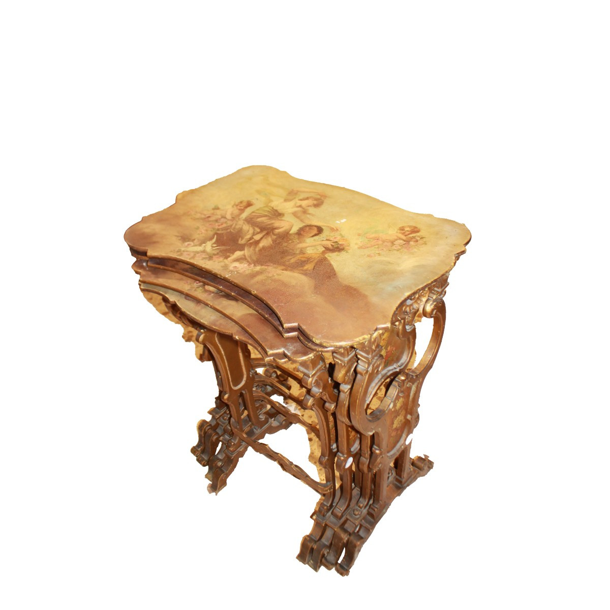 Ensemble de 4 tables gigognes françaises peintes avec scènes allégoriques romantiques, 