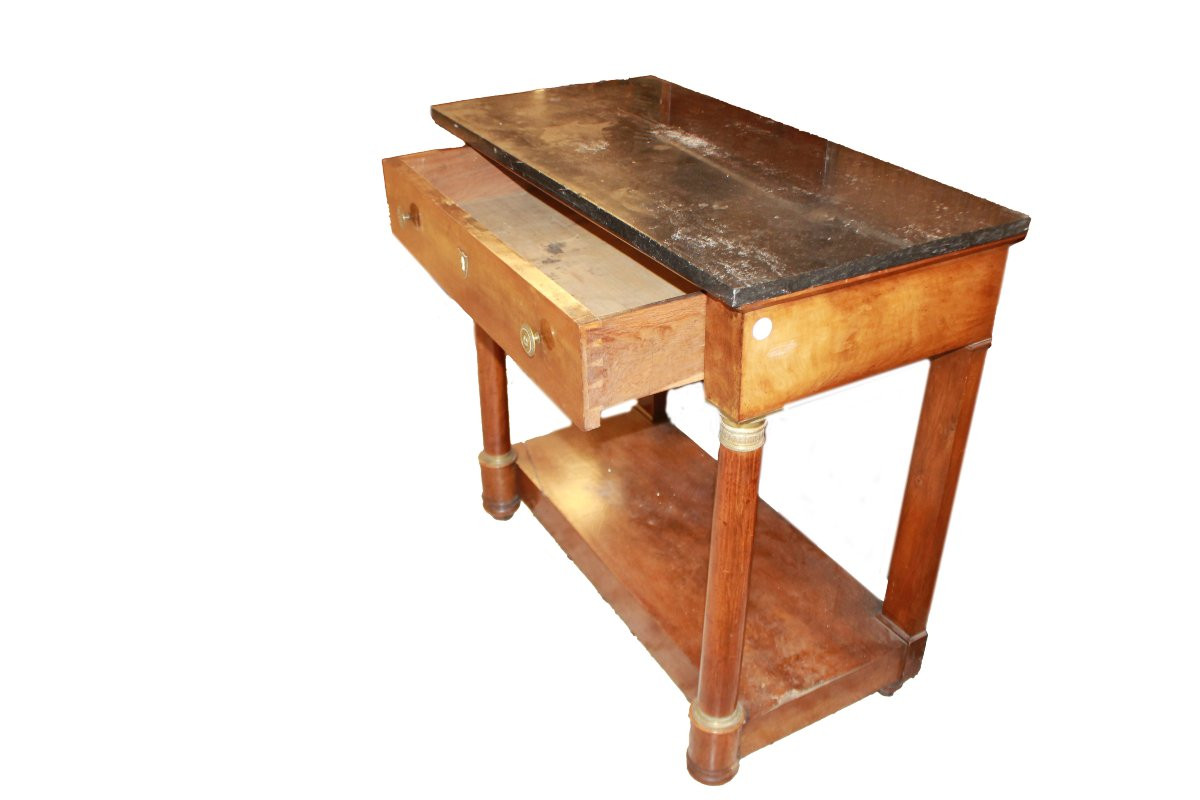 Console ancienne française style Empire en acajou avec plateau en marbre, milieu XIXe siècle-photo-2
