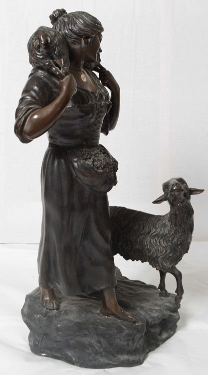 Sculpture antique française en métal des années 1800 représentant une bergère-photo-4