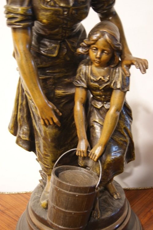 Zamak Sculpture By émile Nestor Joseph Carlier (1849–1927) Depicting A Woman With A Little Girl-photo-3