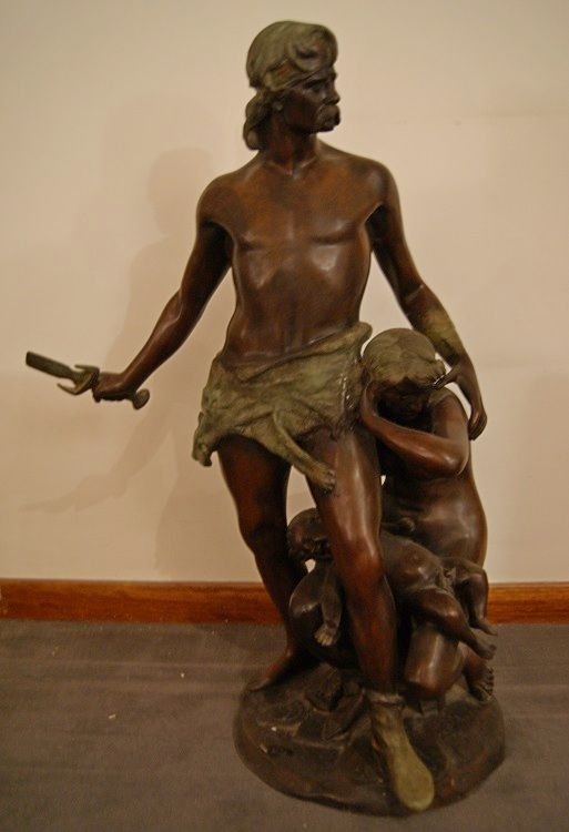 Sculpture antique en bronze de A. De Luca représentant 3 personnages-photo-2
