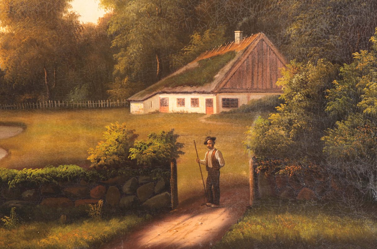 Huile sur toile anglaise ancienne de 1800 à 1900 représentant un paysage rural-photo-3