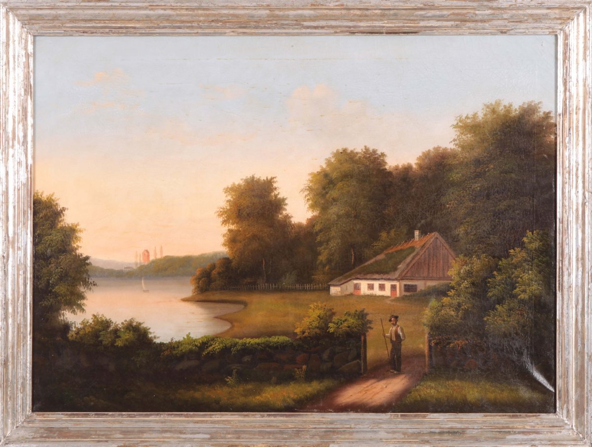 Huile sur toile anglaise ancienne de 1800 à 1900 représentant un paysage rural