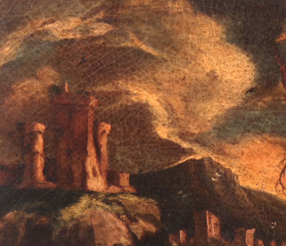 Huile sur toile italienne de 1600 paysage avec tour et lac-photo-3