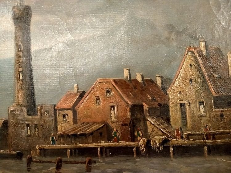 Oil On Canvas Depicting A City With Fortifications By The Sea-photo-3
