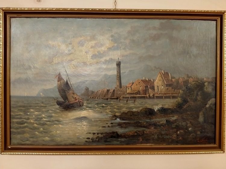Oil On Canvas Depicting A City With Fortifications By The Sea
