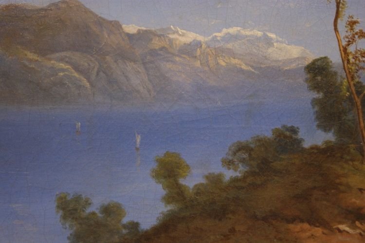 Huile sur toile représentant un paysage de montagne avec lac-photo-3