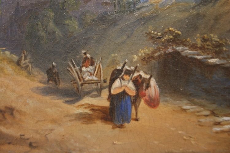 Huile sur toile représentant un paysage de montagne avec lac-photo-4