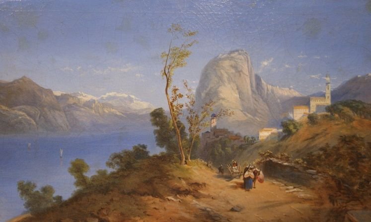 Huile sur toile représentant un paysage de montagne avec lac-photo-1