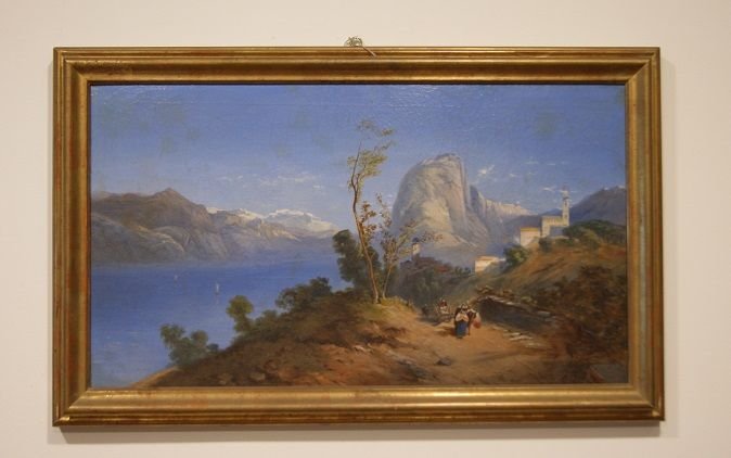 Huile sur toile représentant un paysage de montagne avec lac
