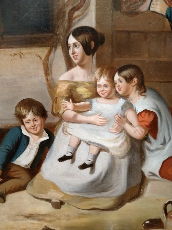 Huile sur toile scène de famille mère avec enfants, vieille femme et laitier 1800-photo-3
