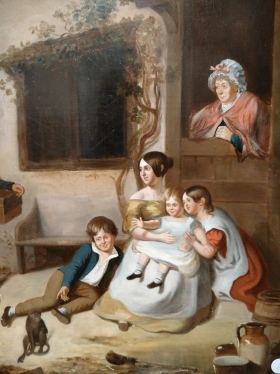 Huile sur toile scène de famille mère avec enfants, vieille femme et laitier 1800-photo-4