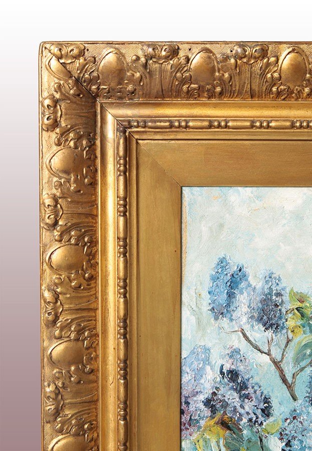 Huile sur toile ancienne du début des années 1900 représentant un jardin arboré-photo-2
