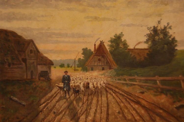 Oil On Canvas Depicting A Shepherd With Sheep-photo-2