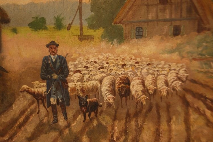 Oil On Canvas Depicting A Shepherd With Sheep-photo-3