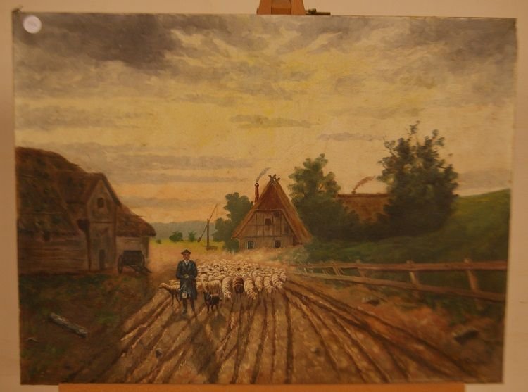 Oil On Canvas Depicting A Shepherd With Sheep