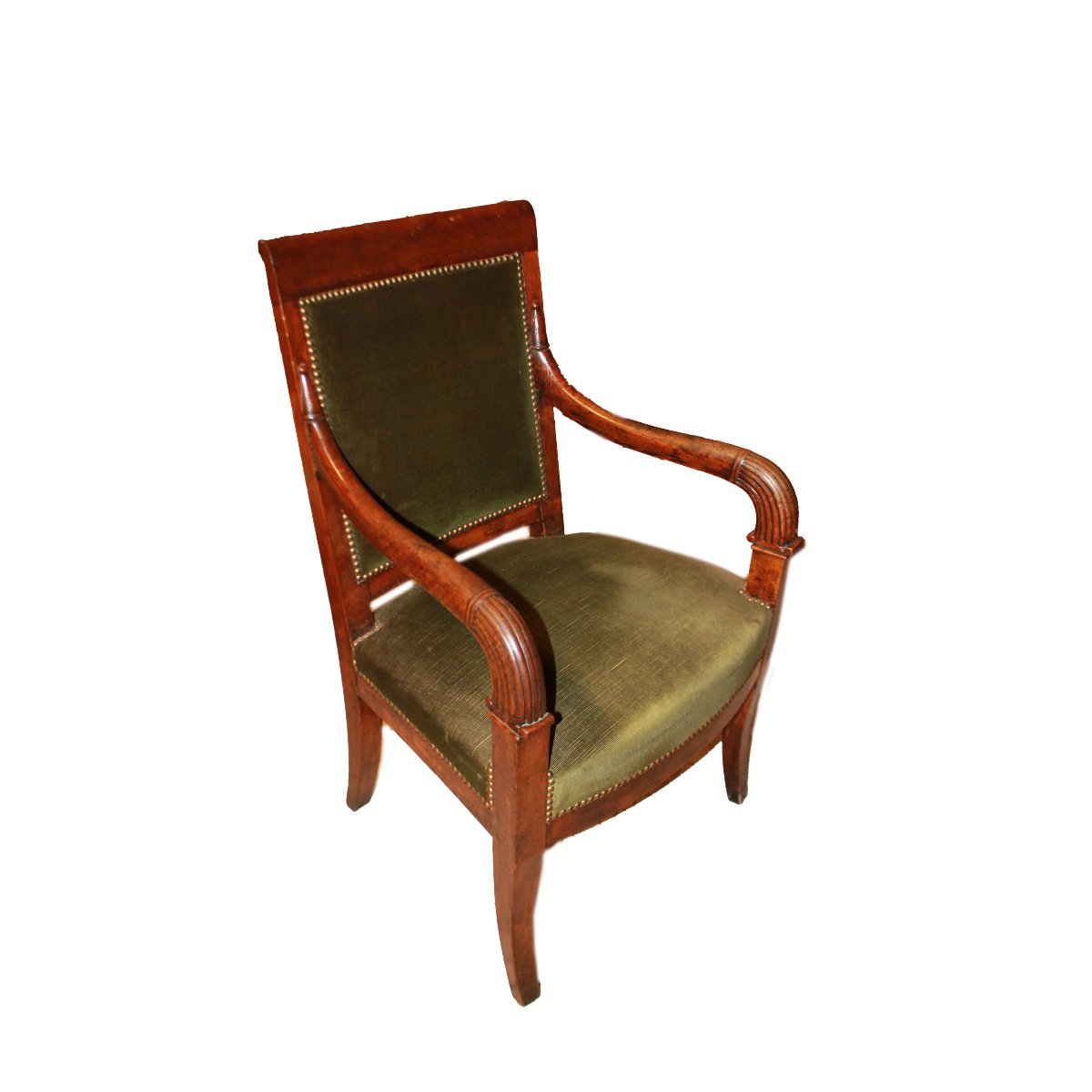 Fauteuil français ancien style Directoire en acajou avec accoudoirs cannelés, XIXe siècle