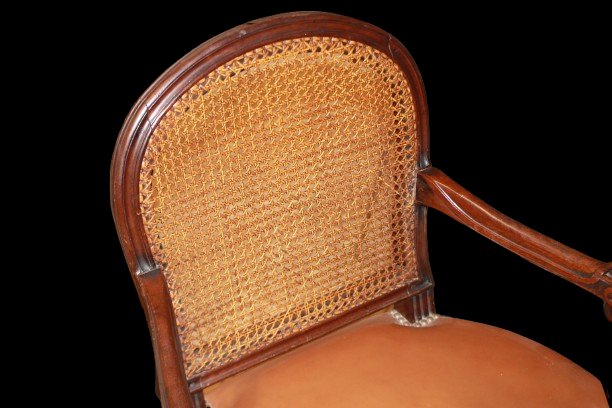 Louis XVI-style French Desk Chair With A Vienna Straw Backrest And Leather Seat-photo-2