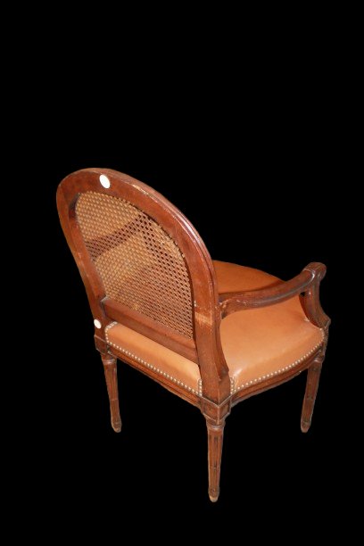 Louis XVI-style French Desk Chair With A Vienna Straw Backrest And Leather Seat-photo-1