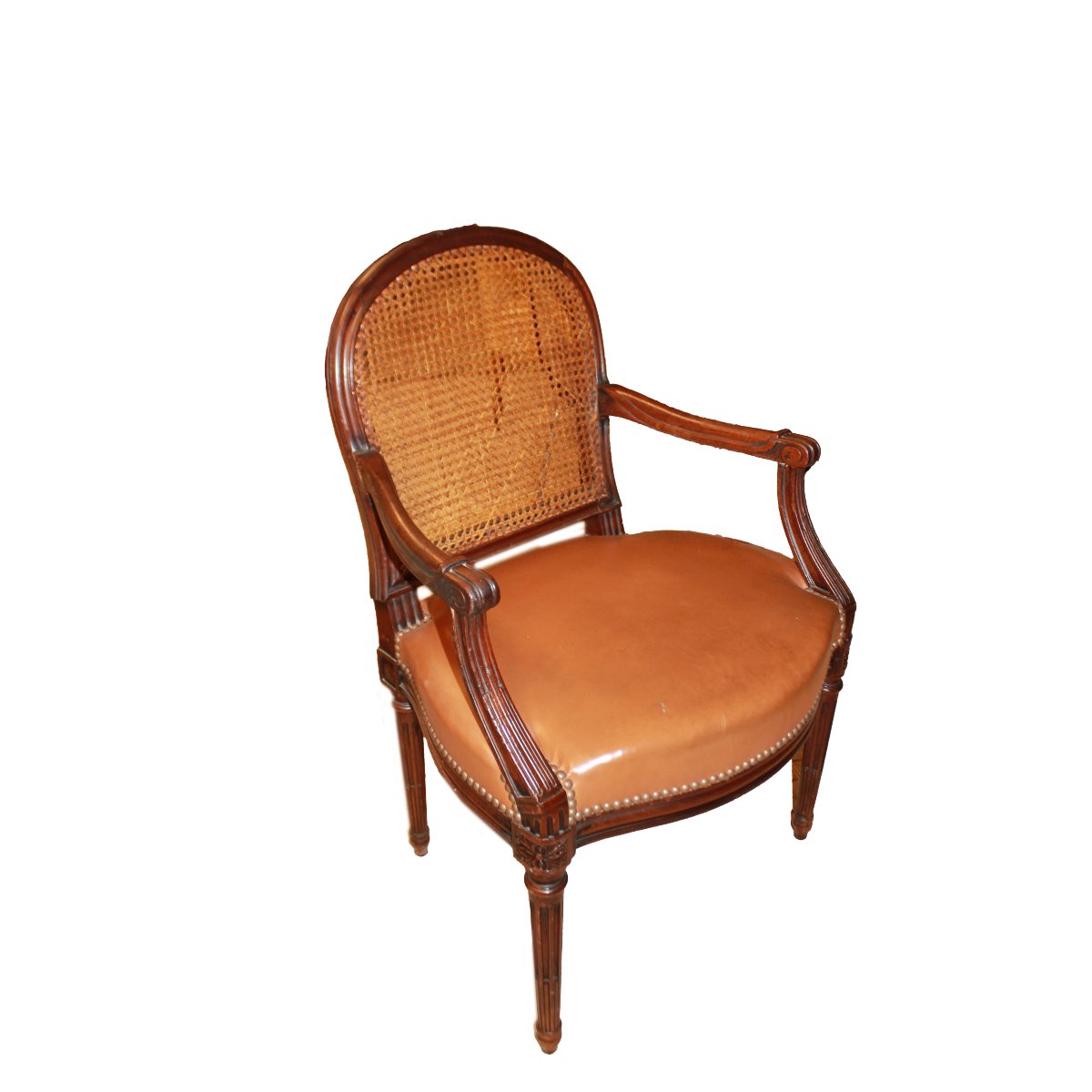 Louis XVI-style French Desk Chair With A Vienna Straw Backrest And Leather Seat