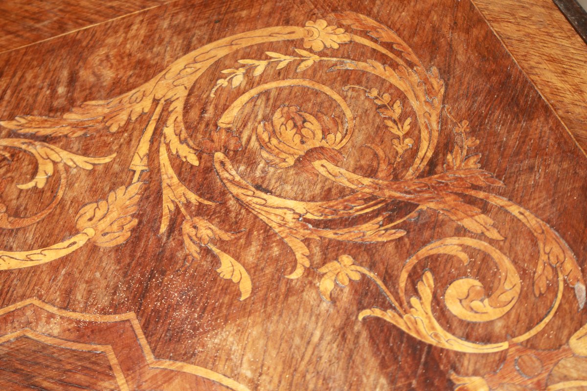 Table française à volets style Louis XVI en noyer avec marqueterie florale, XIXe siècle-photo-4
