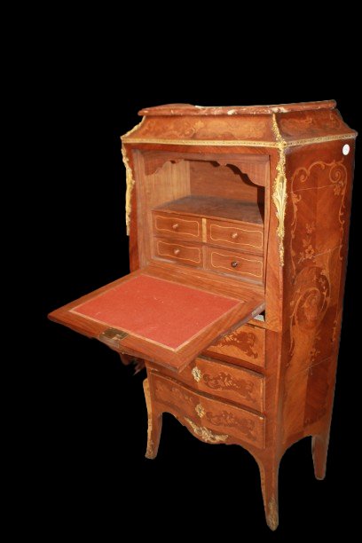 Secrétaire français style Louis XV en bois de rose avec marqueterie florale, milieu XIXe siècle-photo-3