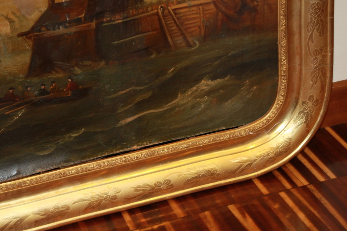 Huile sur toile française du XVIIIe siècle – paysage côtier avec phare-photo-3