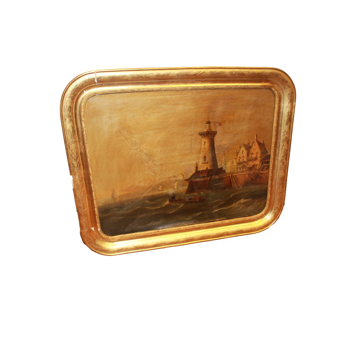 Huile sur toile française du XVIIIe siècle – paysage côtier avec phare