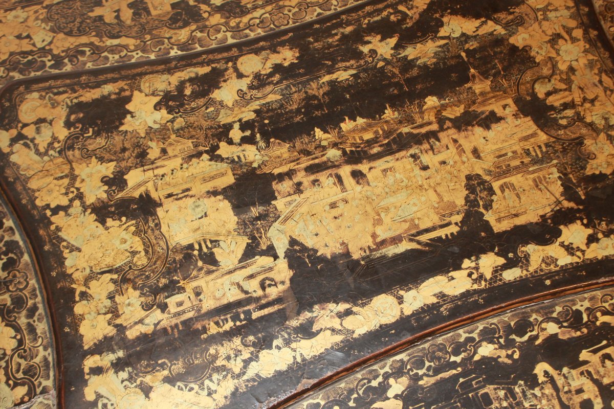Table à ouvrage française de Dieppe en bois noirci avec incrustations d’ivoire, fin XIXe siècle-photo-2